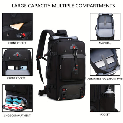 Black backpack with multiple compartments and features highlighted on a white background
