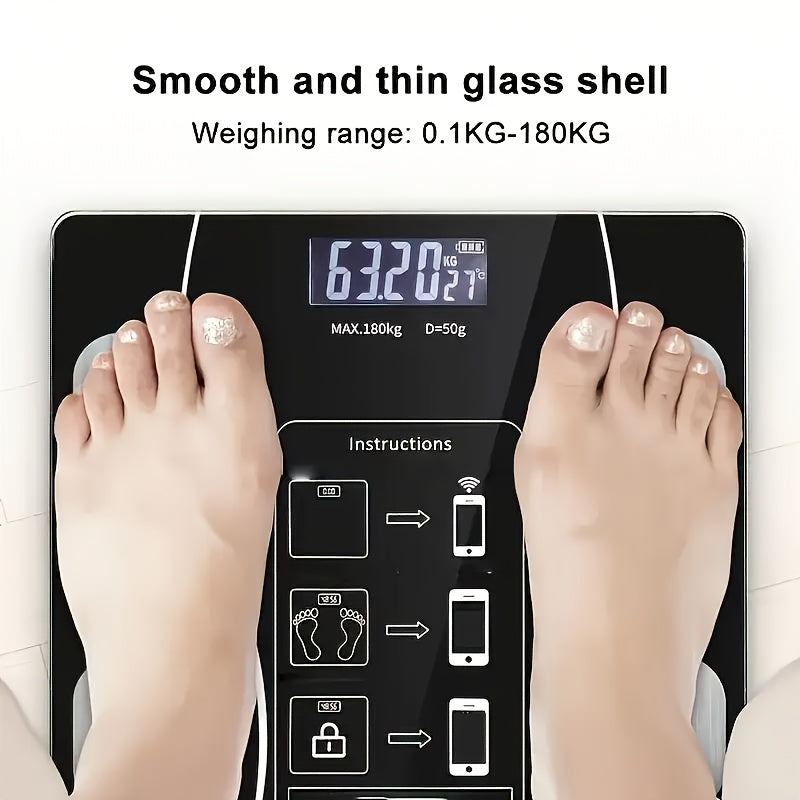 Digital body fat scale with a smooth glass shell and weighing range displayed, with feet on either side.