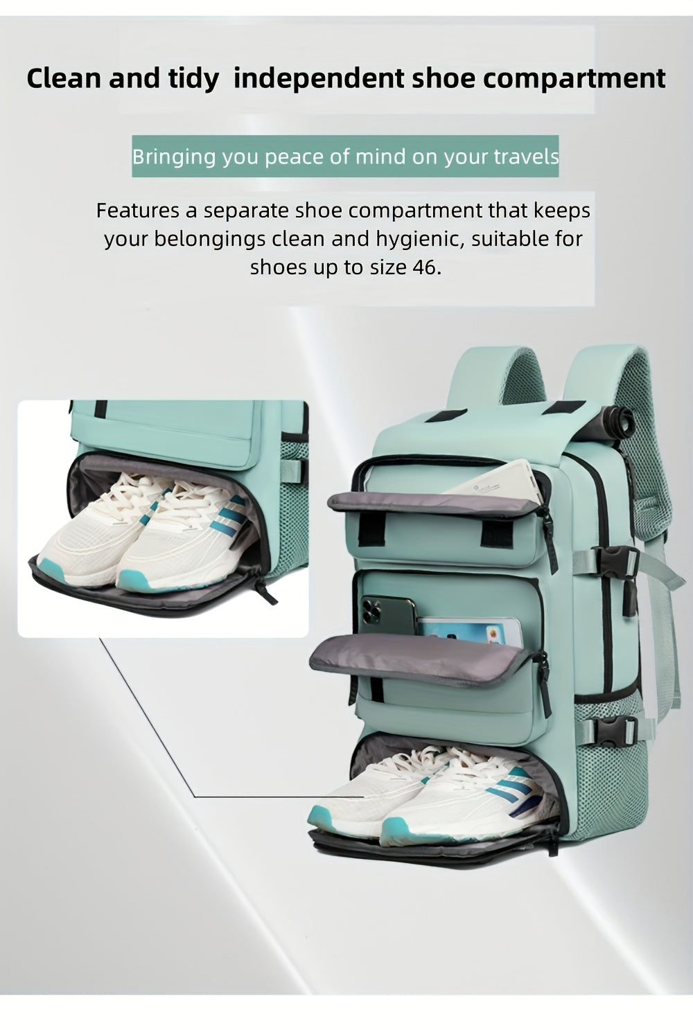Teal backpack with a shoe compartment featuring white sneakers on a light gray background.