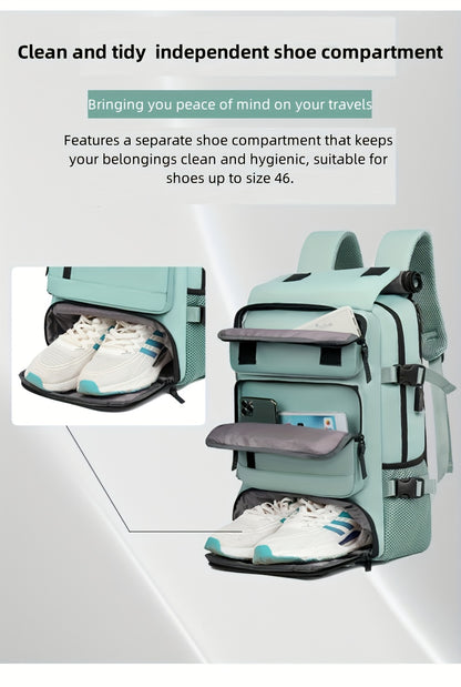 Teal backpack with a shoe compartment featuring white sneakers on a light gray background.