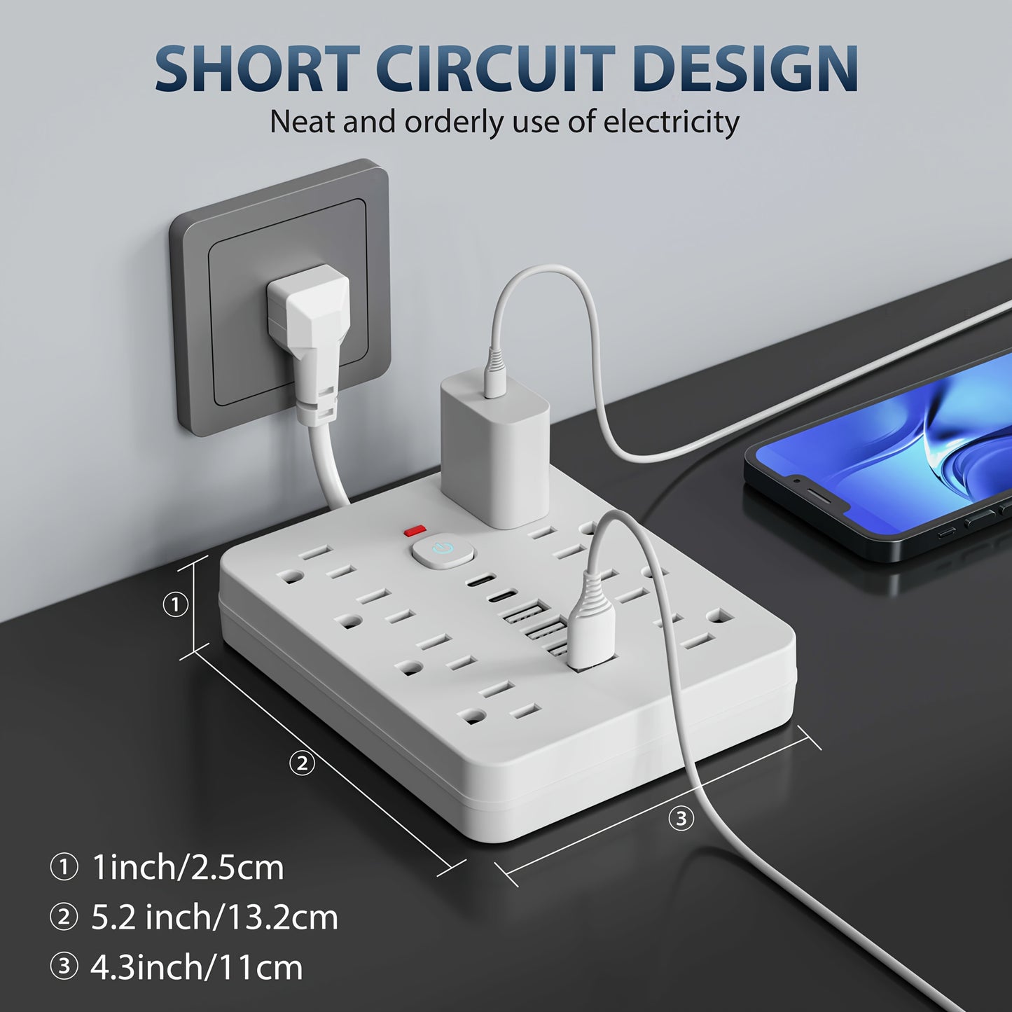 Power strip with multiple outlets and USB ports, plugged into a wall socket with a smartphone on a table.