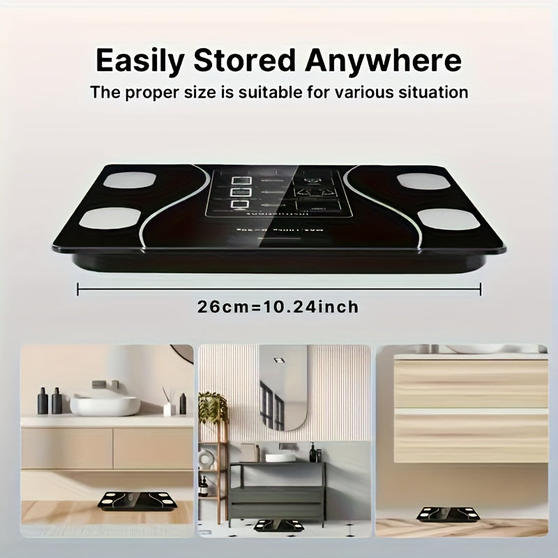 Portable black scale with dimensions and usage scenarios on a light gray background