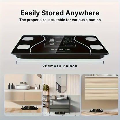 Portable black scale with dimensions and usage scenarios on a light gray background