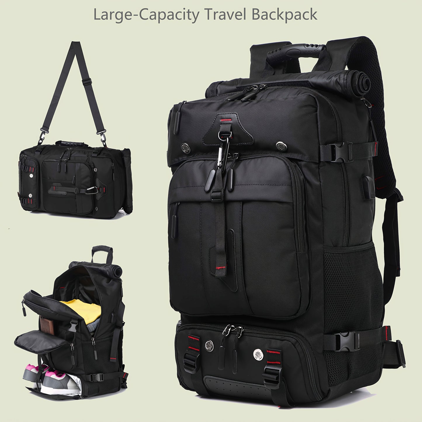 Black large-capacity travel backpack with multiple compartments and a shoulder strap on a beige background.