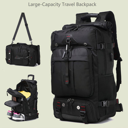 Black large-capacity travel backpack with multiple compartments and a shoulder strap on a beige background.