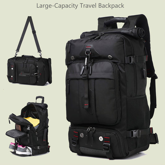 Black large-capacity travel backpack with multiple compartments and a shoulder strap on a beige background.