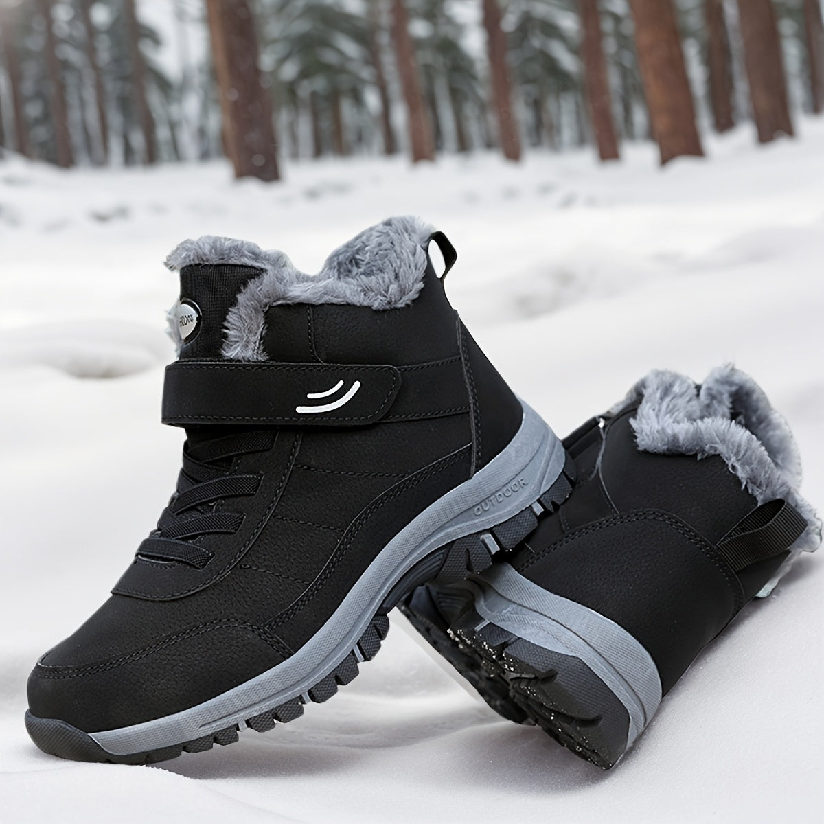 Black winter boots with gray fur lining on a snowy background
