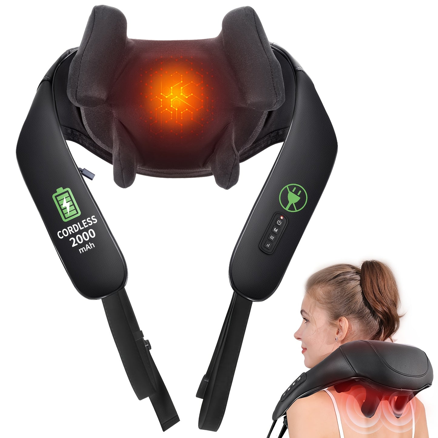 Black neck and shoulder massager with glowing red light on a white background