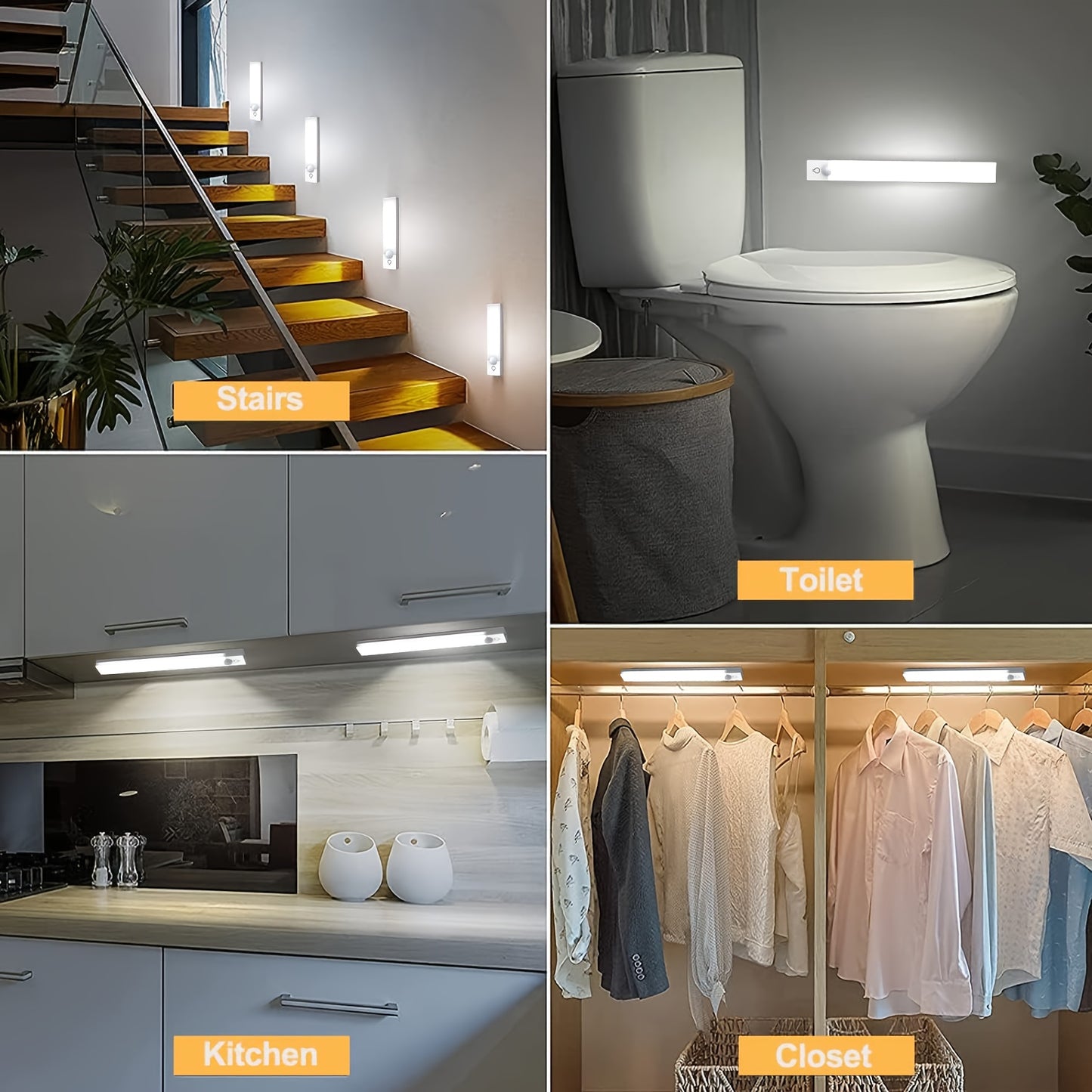 Collage of LED lights in different settings: stairs, toilet, kitchen, and closet.