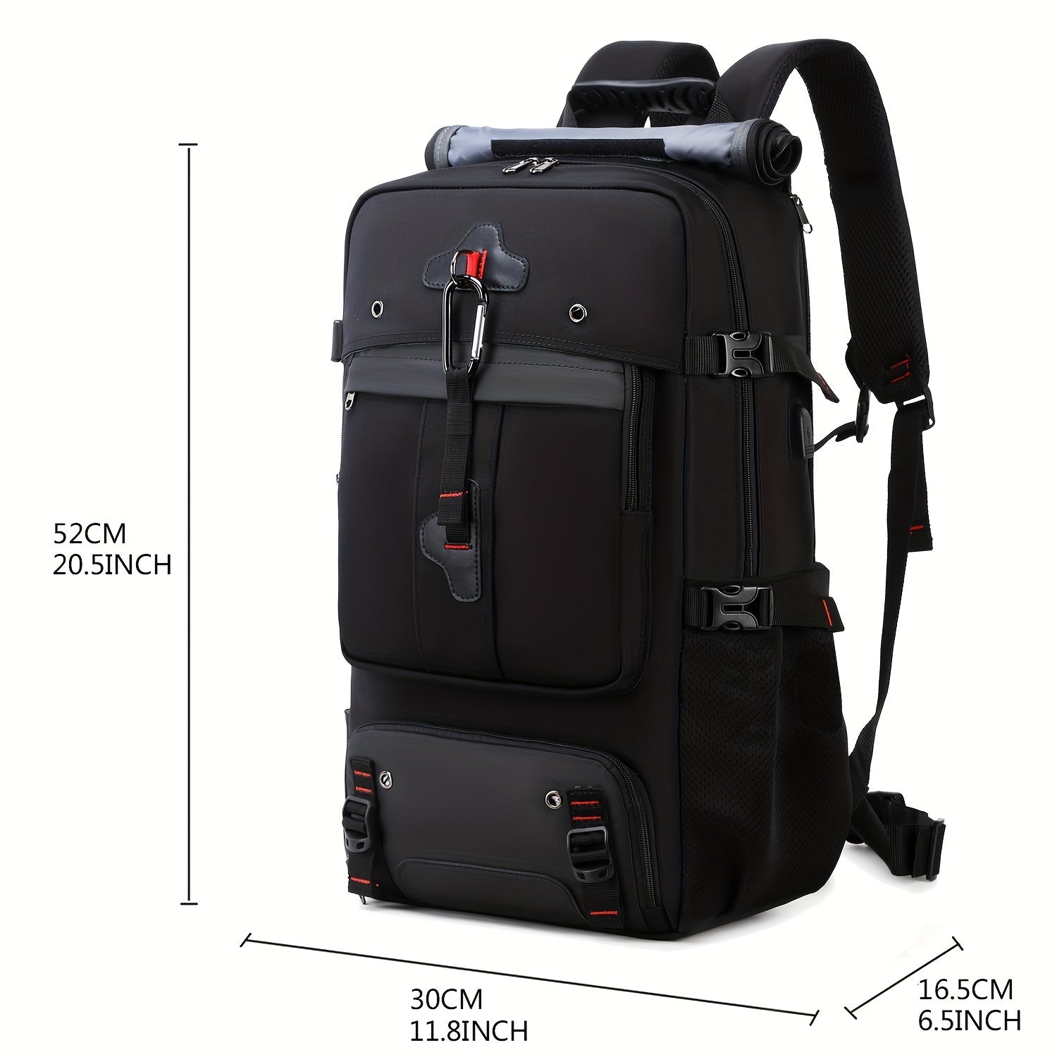 Black backpack with measurement indicators on a white background